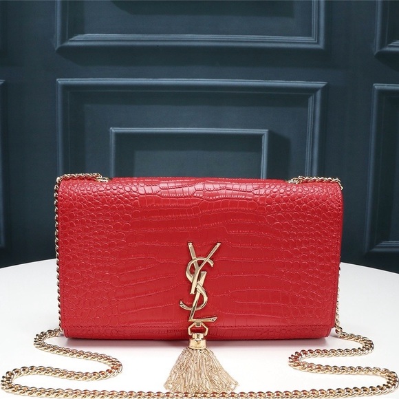 Red Croc-Embossed with Gold logo Tassel Chain Clutch Bag- NWT - Picture 1 of 6